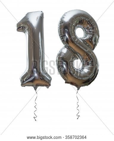 Silver Number 18 Party Balloons Isolated On A White Background With Silver Ribon