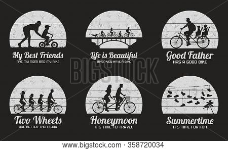 People On Bikes. Set Of Black And White Retro Illustrations With Silhouettes Of Cyclists On Bicycles