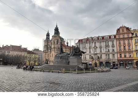 Prague, Czech Republic-17 Of March 2020: 
Statue Of Mr, Jan Hus At The Old Town Square In Prague, In