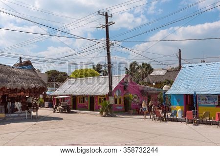 Holbox, Mexico-march 24, 2018: Colorful Caribbean Houses With Bars And Restaurants On Holbox Island,