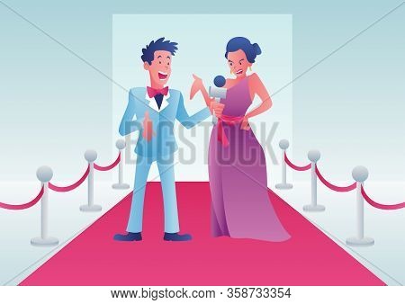 Cartoon Illustration Of A Journalist Interviewing A Celebrity On A Red Carpet Event.