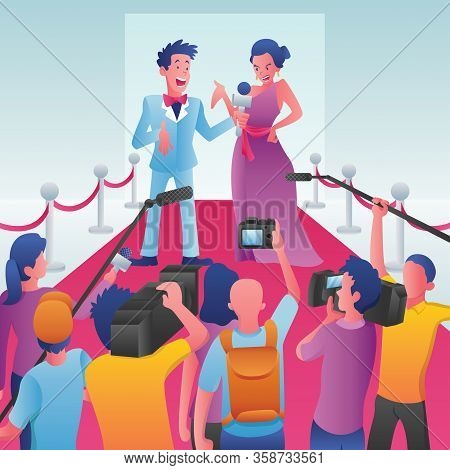Cartoon Illustration Of A Journalist Interviewing A Celebrity On A Red Carpet Event.