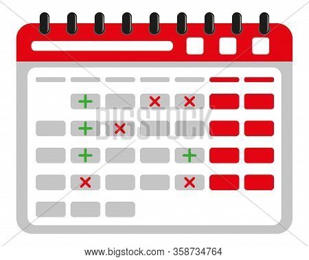 Flat Paper Calendar In Flat Style On White Background. With Check Mark And Cross. Flat Color Image O