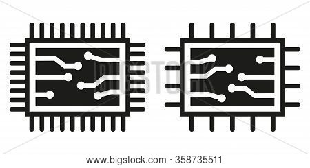Two Chip Or Microchip Icons. Central Computer Processor, Black Chip Symbol. Flat Style. Vector Illus