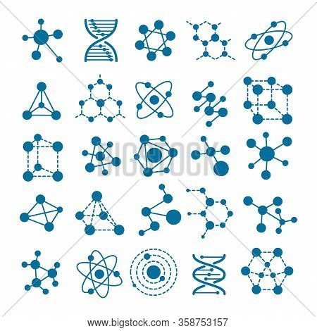 Hormone Or Molecule Icons. Substance Line Structure Signs, Bacteria Atomic Structures, Chemical Nano