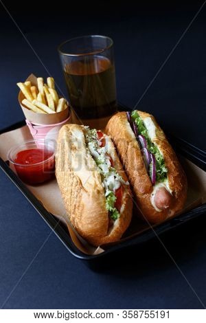 Close Up Of Hot Dog. Fast Food.