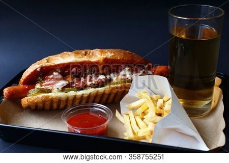 Close Up Of Hot Dog. Fast Food.