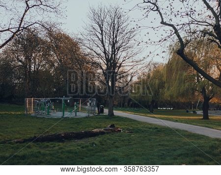 London, Uk - March 28, 2020: Public Gym In A Park Closed And Fenced Off In London 
Due To Coronaviru