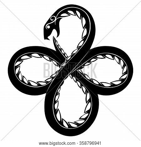 Black Tatoo Or Print Illustration Of Occult Symbol Ouroboros Serpent