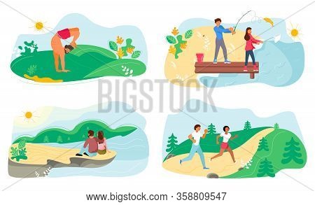 Set Of Summer Performing Various Activities. People Hev Romantic Date On Canyon Cliff, Jogging, Doin