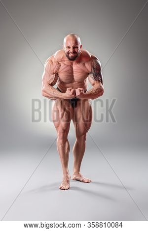 Sexy Muscular Bodybuider Posing On The Gray Background
