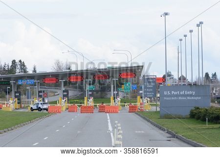 Surrey, Canada - Mar 29, 2020: Barricades And Empty Car Lanes On Approach To Closed Usa Border Stati