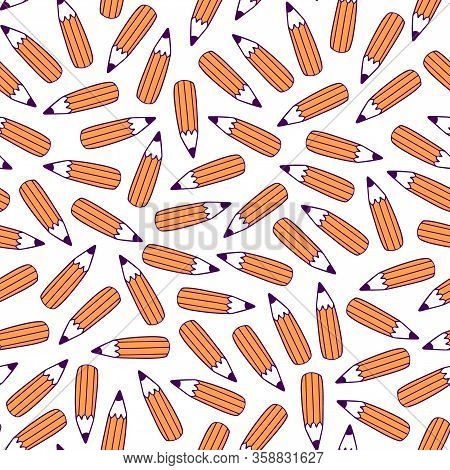 Seamless Pencil Pattern In Vector. Hand Drawn Illustration With Stationery. Doodle Endless Backgroun