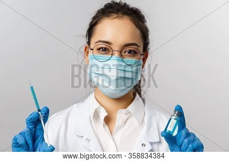 Doctors, Infectionist, Research And Covid19 Concept. Close-up Of Asian Female Nurse In Medical Mask,