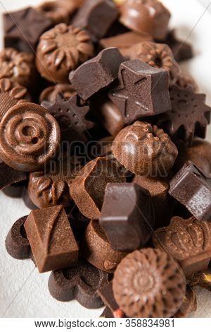 Dark And Milk Chocolate Candies. Homemade Chocolate. Close Up, Side View
