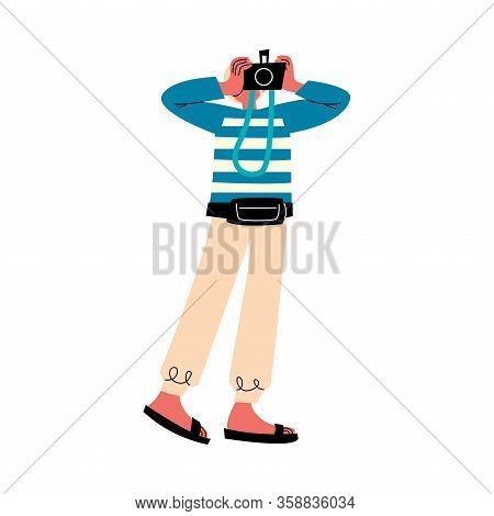 Young Man Traveler Standing And Making Photo Vector Illustration