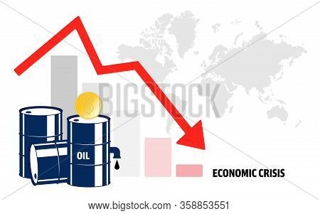 World Oil Crisis. Graph With Down Arrow And World Map, Halons With Oil And Dollar Sign