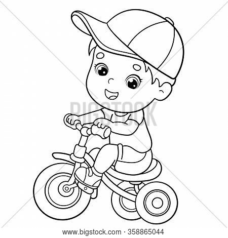 Coloring Page Outline Of A Cartoon Boy Riding A Bicycle Or Bike. Coloring Book For Kids
