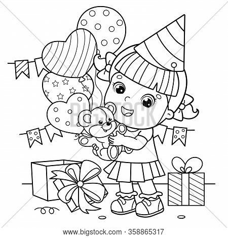 Coloring Page Outline Of a cartoon girl with a balloons and with with a teddy bear at the holiday. Birthday. Coloring book for kids