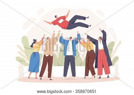 Happy Cartoon People Toss Up Person Celebrating Success Vector Flat Illustration. Group Of Positive 