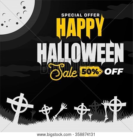 Happy Halloween Banner Ads With Modern Ghotic Concept Background In Flat Design Illustration