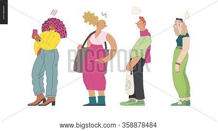 Waiting In Line - Modern Flat Vector Concept Illustration Of A Young Men A Women Standing In Line Wi