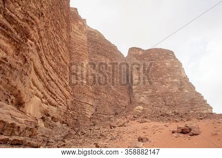 View On The Khazali Mountain In Wadi Rum. Travel And Tourism In Jordan.
