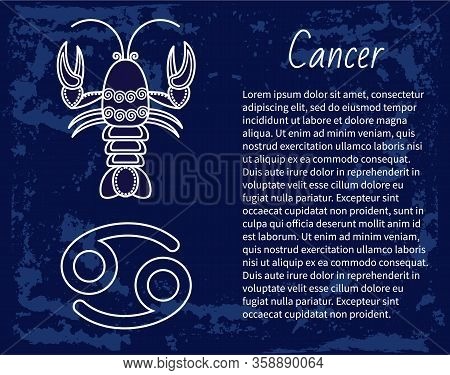 Cancer Sign Of Horoscope With Sketch Depiction Of Lobster Or Crab. Astrological Symbol In Circle. Ju