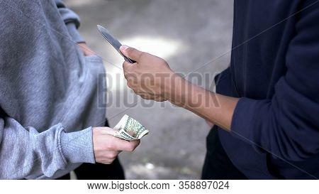 Teenager Threatening Boy With Knife, Extorting Money, Street Robbery, Closeup