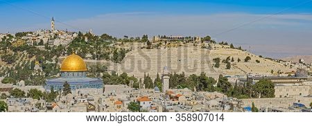Jerusalem, Israel - May 18, 2016: Dome Of The Rock And Mount Of Olives Panoramic View.