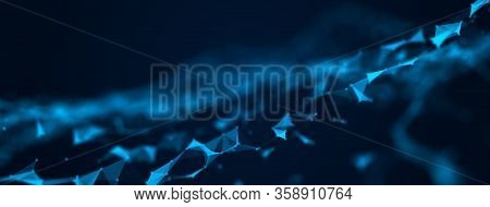 Abstract Digital Blue Background. Space Filled With Polygons And Dots. 3D Wave.