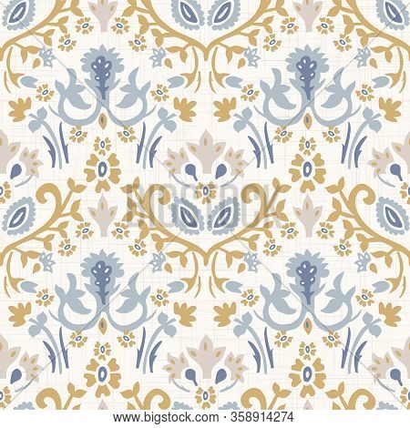 French Blu Shabby Chic Damask Vector Texture Background. Antique White Yellow Blue Seamless Pattern.
