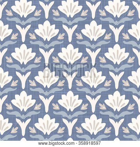 French Blu Shabby Chic Damask Vector Texture Background. Antique White Blue Heart Seamless Pattern. 