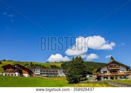 Alpe Di Siusi, Italy - August 14, 2019: Chalets And Hotels In Compaccio.