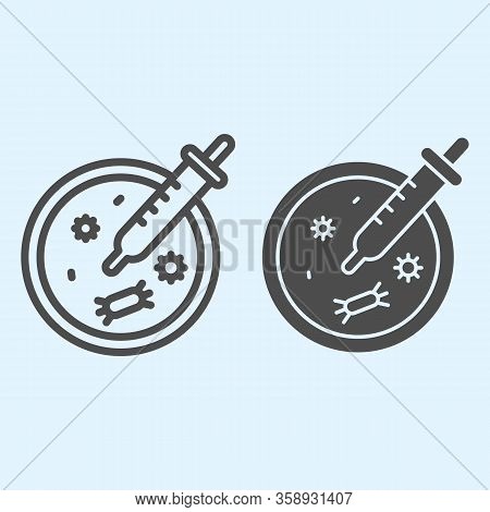 Virus Analysis Plate And Pipette Line And Solid Icon. Petri Dish Outline Style Pictogram On White Ba