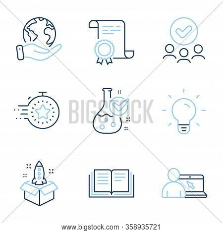 Online Education, Light Bulb And Chemistry Lab Line Icons Set. Diploma Certificate, Save Planet, Gro