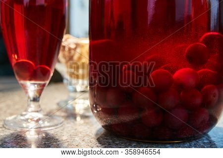 The Glass Jar Of Cherry Compote, A Glass With Compote, Sweets In A Vase, Close Up
