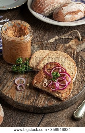 Pork Lard Mixed With Ground Cracklings Slathered Over A Slice Of Bread