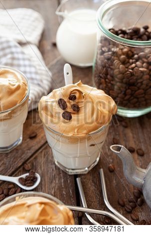 Whipped Coffee In A Glass With Coffee Beans