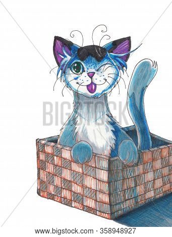 Hand Drawn Illustration The Cat In The Basket.