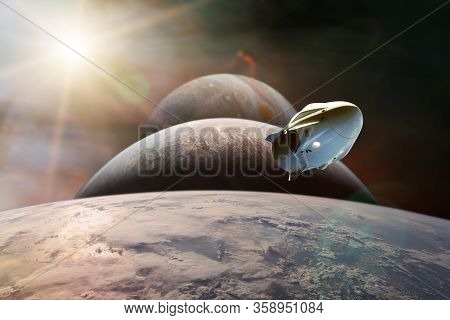 Cargo Spacecraft In Low-earth Orbit On Background Of Planets. Elements Of This Image Furnished By Na