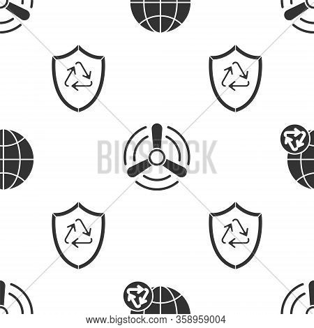 Set Planet Earth And A Recycling, Wind Turbine And Recycle Symbol Inside Shield On Seamless Pattern.