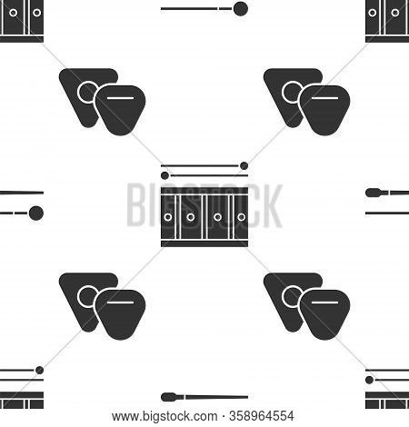 Set Drum Sticks, Drum With Drum Sticks And Guitar Pick On Seamless Pattern. Vector