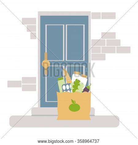Contactless Of Food Concept.  Vector, Food Bag Is On The Doorstep. Home Delivery Paper Bag