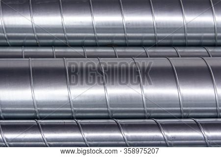 Steel Pipes For Ventilation System. Ventilation Ducts Components Construction Equipment.