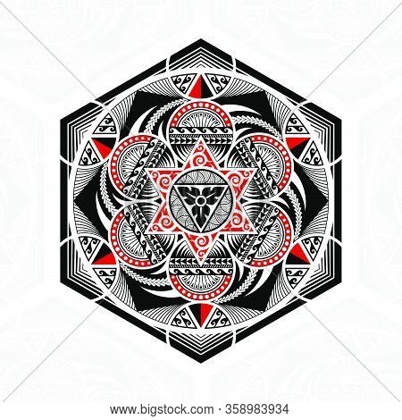 Thai Pattern Mixed Art Polynesian Art, Mandala Art In Hexagonal Shapes, Six-pointed Stars And Circle