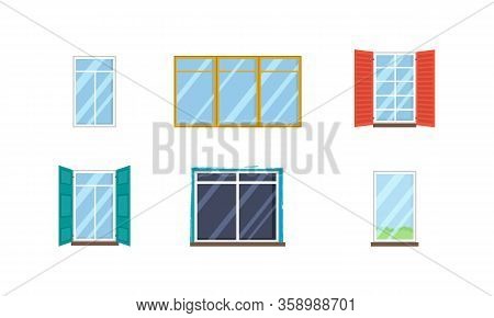 Set Of Realistic Glass Transparent Plastic Windows With Window Sills. Vector Collection Of Various T
