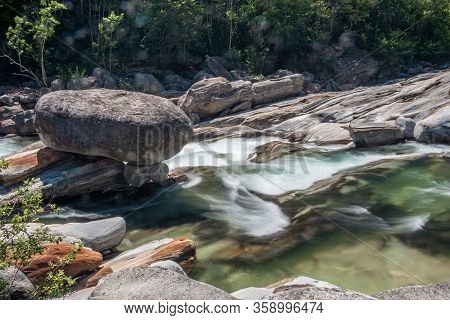 Bed Of The Versasca River In Lavertezzo, Valle Versasca. The River With The Cleanest Water In The Wo