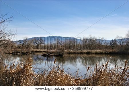 View Of Sandia Mountain From Across The Rio Grande, Albuquerque, New Mexico In The Winter.