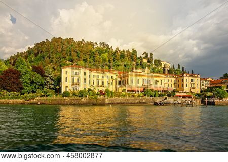 Bellagio, Italy - May 13. 2022: Bellagio Town Hotel Houses On Como Lake, Lombardy.